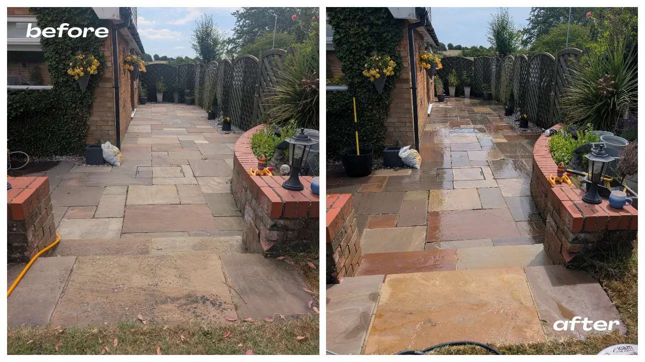 Before and after natural sandstone patio cleaning
