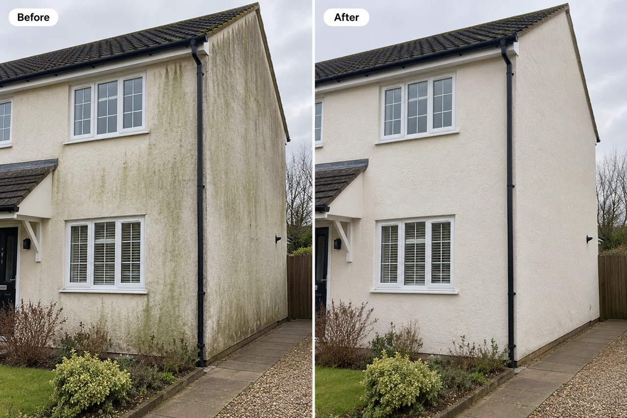 Before-and-after visualisation of exterior render cleaning